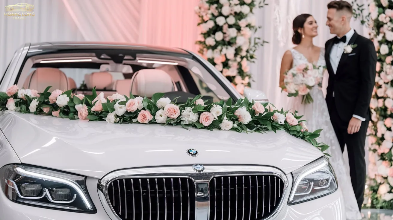 Hình ảnh thể hiện một không gian tiệc cưới sang trọng với tâm điểm là chiếc xe cưới đẳng cấp – một mẫu BMW màu trắng bóng loáng, được trang trí hoa tươi tinh tế.