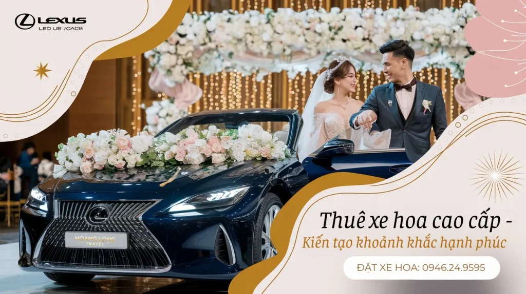 Hình ảnh sang trọng của dịch vụ Thuê Xe Hoa cao cấp, giúp cô dâu chú rể có khoảnh khắc hạnh phúc trọn vẹn trong ngày trọng đại. Xe cưới lộng lẫy, hoa trang trí tinh tế, tạo nên một hành trình hoàn hảo.