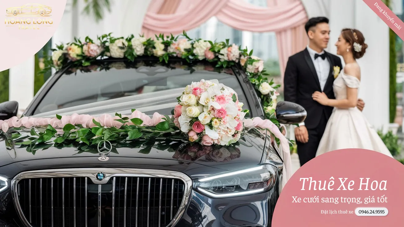 Hình ảnh thể hiện dịch vụ Thuê Xe Hoa sang trọng với chiếc Mercedes đẳng cấp, trang trí hoa cưới tinh tế.